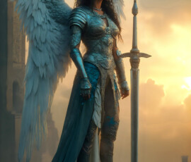 AI-generated holy archangel art — beautiful divine female angels with massive feathered wings and golden halos in cinematic celestial settings. UHD by Jeff Dupler.