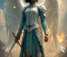 AI-generated holy archangel art — beautiful divine female angels with massive feathered wings and golden halos in cinematic celestial settings. UHD by Jeff Dupler.