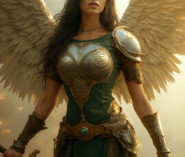 AI-generated holy archangel art — beautiful divine female angels with massive feathered wings and golden halos in cinematic celestial settings. UHD by Jeff Dupler.