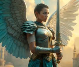 AI-generated holy archangel art — beautiful divine female angels with massive feathered wings and golden halos in cinematic celestial settings. UHD by Jeff Dupler.