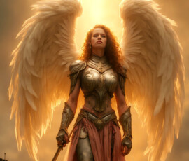 AI-generated holy archangel art — beautiful divine female angels with massive feathered wings and golden halos in cinematic celestial settings. UHD by Jeff Dupler.
