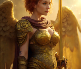 AI-generated holy archangel art — beautiful divine female angels with massive feathered wings and golden halos in cinematic celestial settings. UHD by Jeff Dupler.
