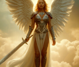 AI-generated holy archangel art — beautiful divine female angels with massive feathered wings and golden halos in cinematic celestial settings. UHD by Jeff Dupler.