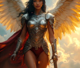 AI-generated holy archangel art — beautiful divine female angels with massive feathered wings and golden halos in cinematic celestial settings. UHD by Jeff Dupler.