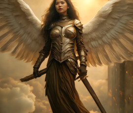 AI-generated holy archangel art — beautiful divine female angels with massive feathered wings and golden halos in cinematic celestial settings. UHD by Jeff Dupler.