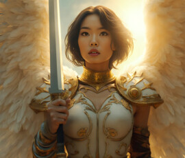 AI-generated holy archangel art — beautiful divine female angels with massive feathered wings and golden halos in cinematic celestial settings. UHD by Jeff Dupler.