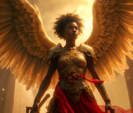 AI-generated holy archangel art — beautiful divine female angels with massive feathered wings and golden halos in cinematic celestial settings. UHD by Jeff Dupler.