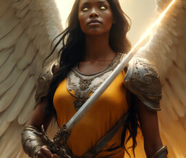 AI-generated holy archangel art — beautiful divine female angels with massive feathered wings and golden halos in cinematic celestial settings. UHD by Jeff Dupler.