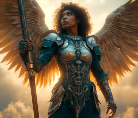 AI-generated holy archangel art — beautiful divine female angels with massive feathered wings and golden halos in cinematic celestial settings. UHD by Jeff Dupler.