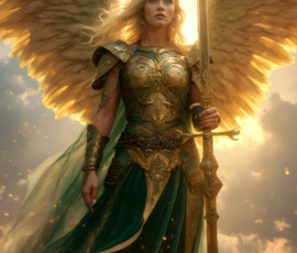 AI-generated holy archangel art — beautiful divine female angels with massive feathered wings and golden halos in cinematic celestial settings. UHD by Jeff Dupler.
