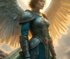 AI-generated holy archangel art — beautiful divine female angels with massive feathered wings and golden halos in cinematic celestial settings. UHD by Jeff Dupler.