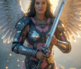 AI-generated holy archangel art — beautiful divine female angels with massive feathered wings and golden halos in cinematic celestial settings. UHD by Jeff Dupler.