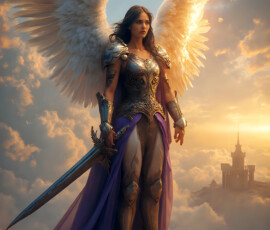 AI-generated holy archangel art — beautiful divine female angels with massive feathered wings and golden halos in cinematic celestial settings. UHD by Jeff Dupler.