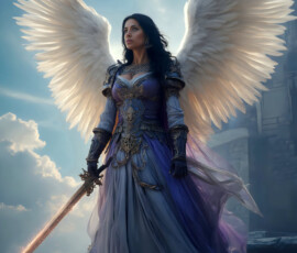 AI-generated holy archangel art — beautiful divine female angels with massive feathered wings and golden halos in cinematic celestial settings. UHD by Jeff Dupler.