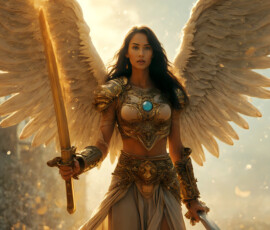 AI-generated holy archangel art — beautiful divine female angels with massive feathered wings and golden halos in cinematic celestial settings. UHD by Jeff Dupler.