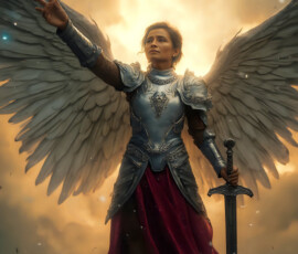 AI-generated holy archangel art — beautiful divine female angels with massive feathered wings and golden halos in cinematic celestial settings. UHD by Jeff Dupler.