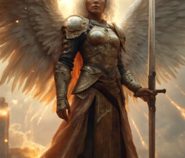 AI-generated holy archangel art — beautiful divine female angels with massive feathered wings and golden halos in cinematic celestial settings. UHD by Jeff Dupler.