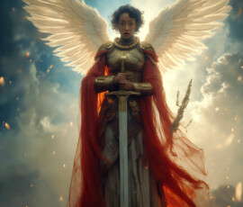 AI-generated holy archangel art — beautiful divine female angels with massive feathered wings and golden halos in cinematic celestial settings. UHD by Jeff Dupler.