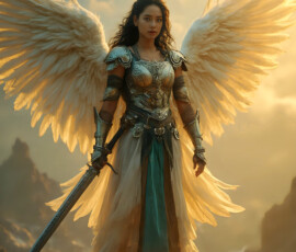AI-generated holy archangel art — beautiful divine female angels with massive feathered wings and golden halos in cinematic celestial settings. UHD by Jeff Dupler.