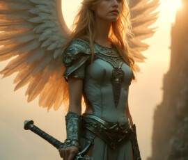 AI-generated holy archangel art — beautiful divine female angels with massive feathered wings and golden halos in cinematic celestial settings. UHD by Jeff Dupler.