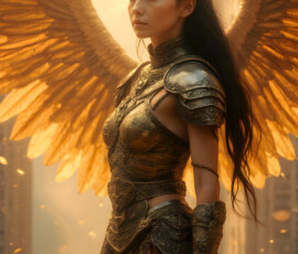 AI-generated holy archangel art — beautiful divine female angels with massive feathered wings and golden halos in cinematic celestial settings. UHD by Jeff Dupler.