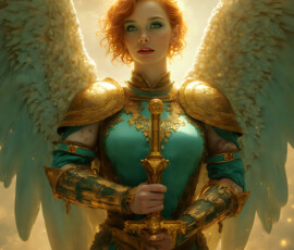 AI-generated holy archangel art — beautiful divine female angels with massive feathered wings and golden halos in cinematic celestial settings. UHD by Jeff Dupler.