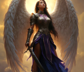 AI-generated holy archangel art — beautiful divine female angels with massive feathered wings and golden halos in cinematic celestial settings. UHD by Jeff Dupler.