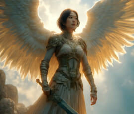 AI-generated holy archangel art — beautiful divine female angels with massive feathered wings and golden halos in cinematic celestial settings. UHD by Jeff Dupler.