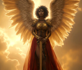 AI-generated holy archangel art — beautiful divine female angels with massive feathered wings and golden halos in cinematic celestial settings. UHD by Jeff Dupler.