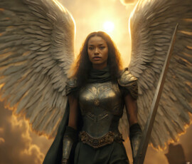 AI-generated holy archangel art — beautiful divine female angels with massive feathered wings and golden halos in cinematic celestial settings. UHD by Jeff Dupler.
