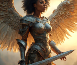AI-generated holy archangel art — beautiful divine female angels with massive feathered wings and golden halos in cinematic celestial settings. UHD by Jeff Dupler.