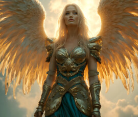 AI-generated holy archangel art — beautiful divine female angels with massive feathered wings and golden halos in cinematic celestial settings. UHD by Jeff Dupler.