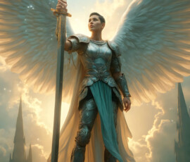 AI-generated holy archangel art — beautiful divine female angels with massive feathered wings and golden halos in cinematic celestial settings. UHD by Jeff Dupler.