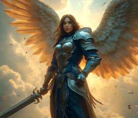 AI-generated holy archangel art — beautiful divine female angels with massive feathered wings and golden halos in cinematic celestial settings. UHD by Jeff Dupler.