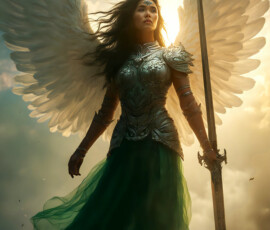 AI-generated holy archangel art — beautiful divine female angels with massive feathered wings and golden halos in cinematic celestial settings. UHD by Jeff Dupler.