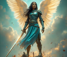 AI-generated holy archangel art — beautiful divine female angels with massive feathered wings and golden halos in cinematic celestial settings. UHD by Jeff Dupler.