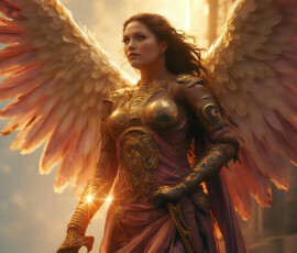 AI-generated holy archangel art — beautiful divine female angels with massive feathered wings and golden halos in cinematic celestial settings. UHD by Jeff Dupler.