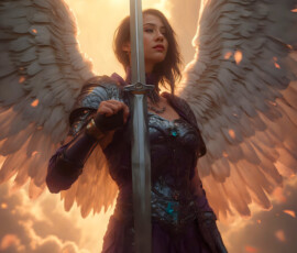 AI-generated holy archangel art — beautiful divine female angels with massive feathered wings and golden halos in cinematic celestial settings. UHD by Jeff Dupler.