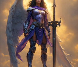 AI-generated holy archangel art — beautiful divine female angels with massive feathered wings and golden halos in cinematic celestial settings. UHD by Jeff Dupler.
