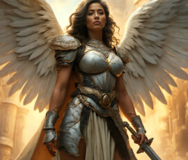 AI-generated holy archangel art — beautiful divine female angels with massive feathered wings and golden halos in cinematic celestial settings. UHD by Jeff Dupler.