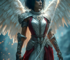 AI-generated holy archangel art — beautiful divine female angels with massive feathered wings and golden halos in cinematic celestial settings. UHD by Jeff Dupler.