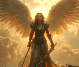 AI-generated holy archangel art — beautiful divine female angels with massive feathered wings and golden halos in cinematic celestial settings. UHD by Jeff Dupler.