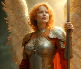 AI-generated holy archangel art — beautiful divine female angels with massive feathered wings and golden halos in cinematic celestial settings. UHD by Jeff Dupler.