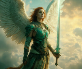 AI-generated holy archangel art — beautiful divine female angels with massive feathered wings and golden halos in cinematic celestial settings. UHD by Jeff Dupler.