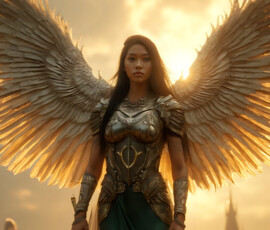 AI-generated holy archangel art — beautiful divine female angels with massive feathered wings and golden halos in cinematic celestial settings. UHD by Jeff Dupler.
