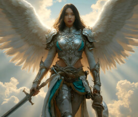 AI-generated holy archangel art — beautiful divine female angels with massive feathered wings and golden halos in cinematic celestial settings. UHD by Jeff Dupler.