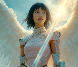 AI-generated holy archangel art — beautiful divine female angels with massive feathered wings and golden halos in cinematic celestial settings. UHD by Jeff Dupler.