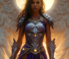 AI-generated holy archangel art — beautiful divine female angels with massive feathered wings and golden halos in cinematic celestial settings. UHD by Jeff Dupler.