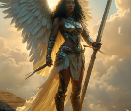AI-generated holy archangel art — beautiful divine female angels with massive feathered wings and golden halos in cinematic celestial settings. UHD by Jeff Dupler.