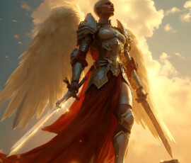 AI-generated holy archangel art — beautiful divine female angels with massive feathered wings and golden halos in cinematic celestial settings. UHD by Jeff Dupler.